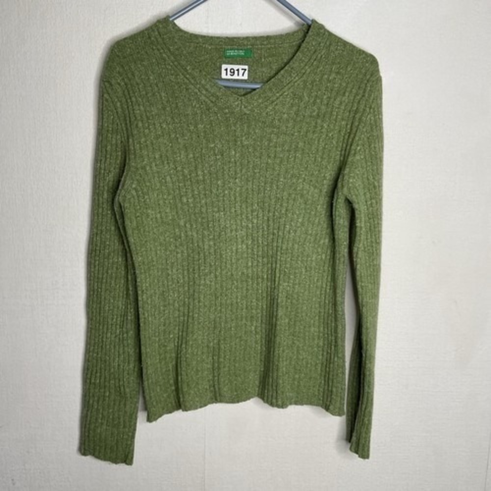 Benetton Green Knit CrewNeck Sweater Women L Italy Wool/Silk/Nylon/Cotton